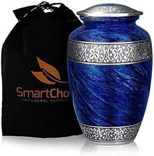 Load image into Gallery viewer, Large Blue Personalized Cremation Urn for Adult Ashes - Handcrafted Metal Design