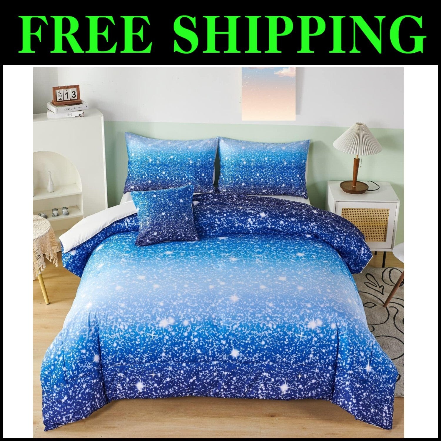 6Pcs Ombre Aqua Blue Glitter Comforter Set for Full Size Beds - Kids Design