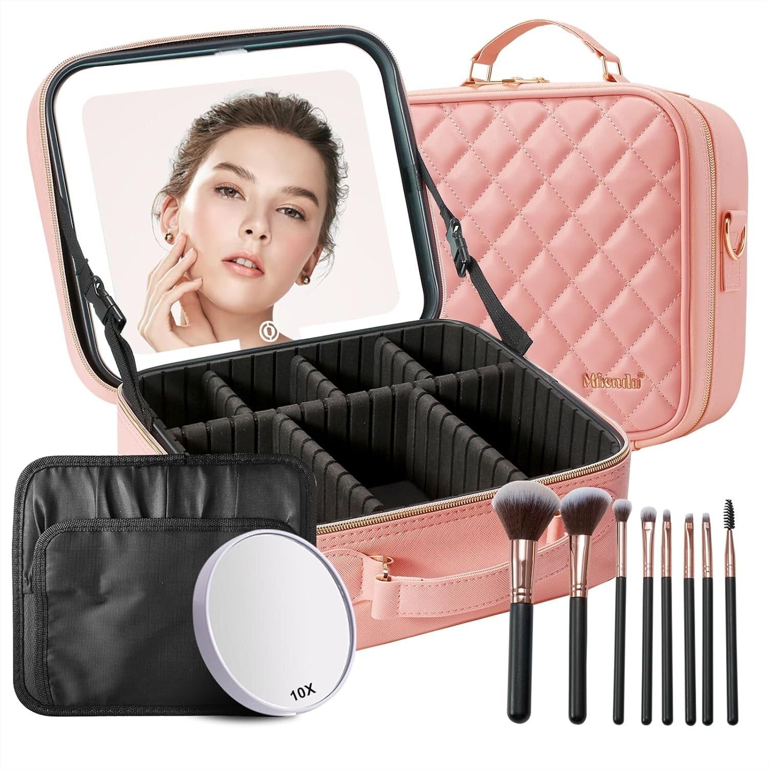 Elegant Travel Makeup Case with LED Mirror, 10X Magnifier & 8 Premium Brushes