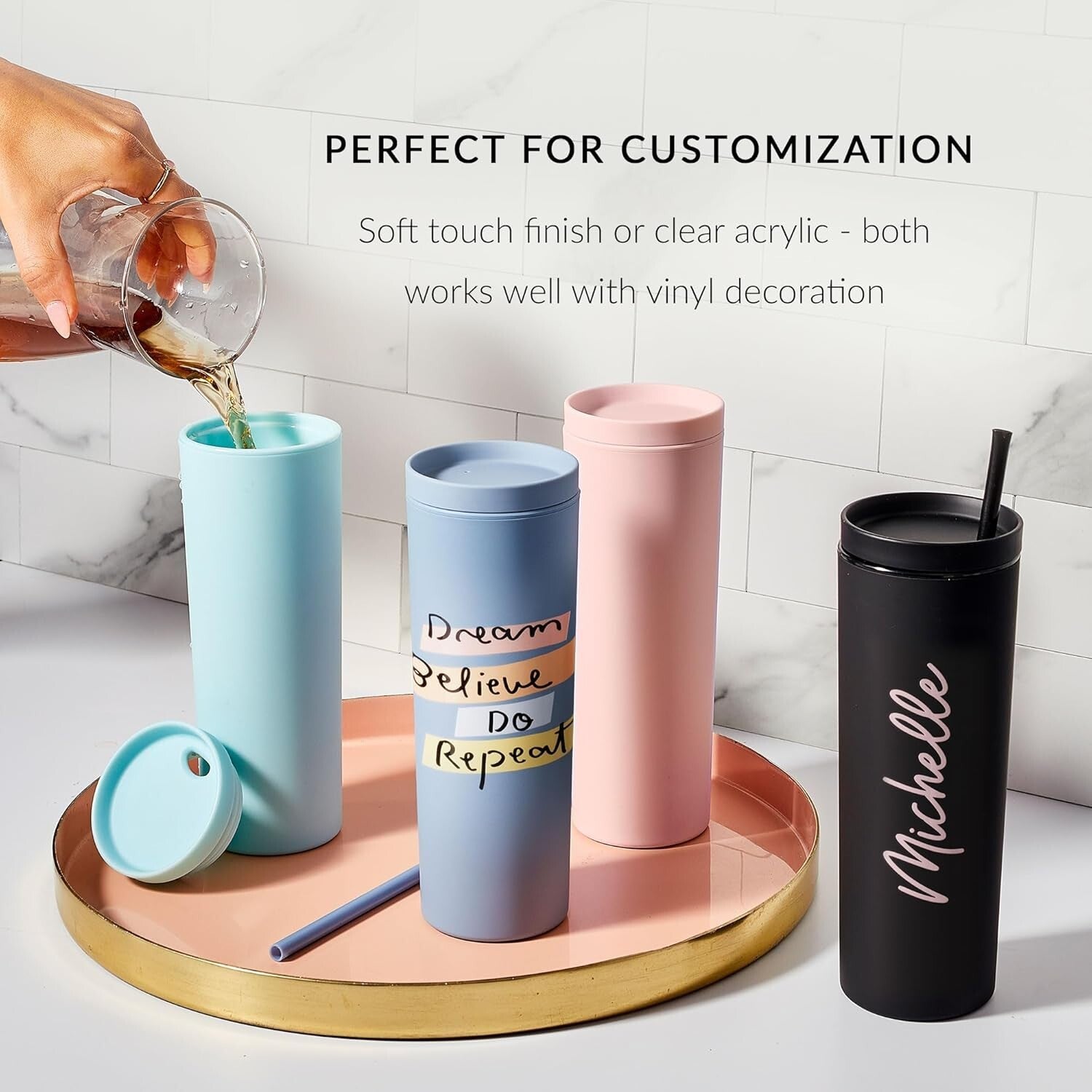 18oz Matte Black Acrylic Tumblers with Lids & Straws | 8 Pack Insulated Cups