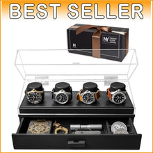 Load image into Gallery viewer, Premium 4-Slot Wooden Watch Display Case with Accessory Drawer – Black or Walnut