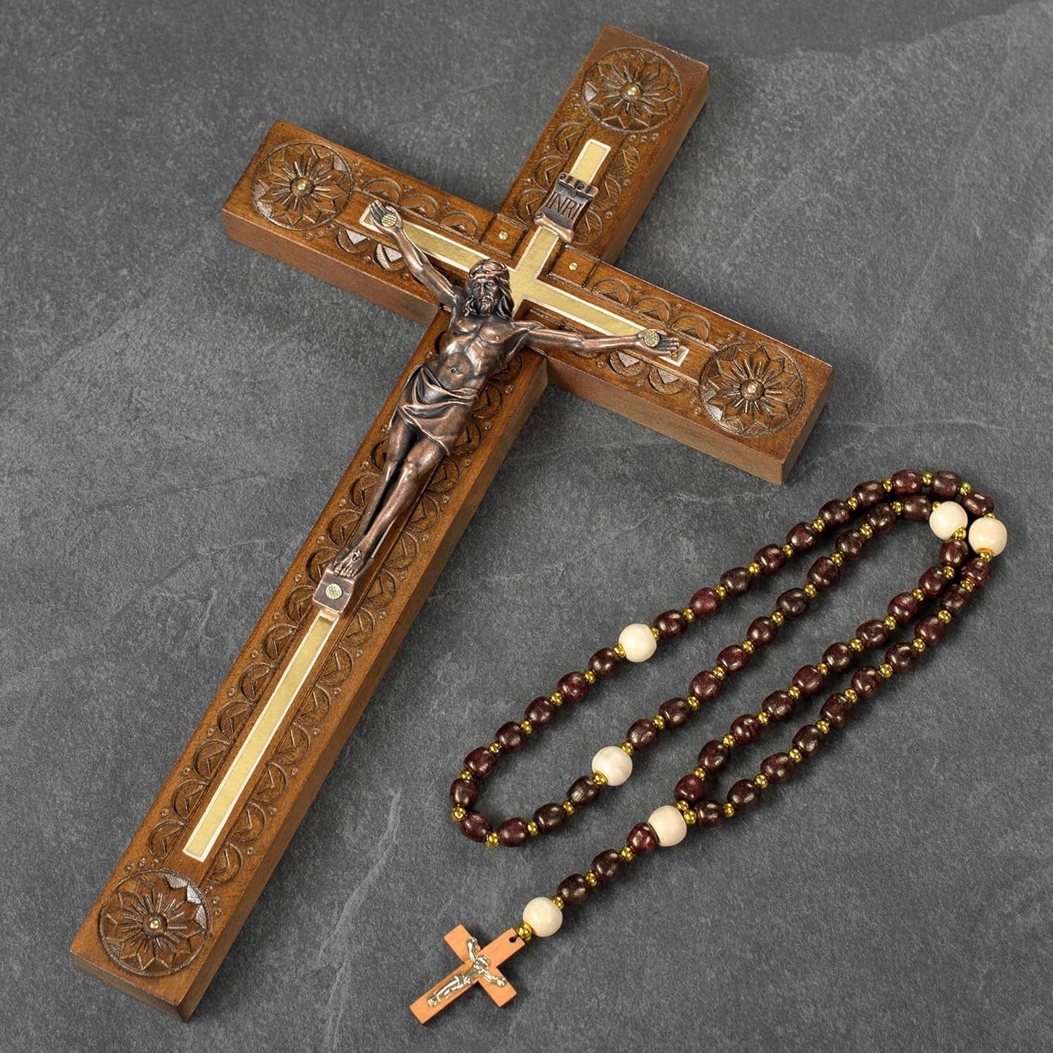 Handcrafted 12-Inch Crucifix Wall Cross - Elegant Decor with Wooden Rosary Gift