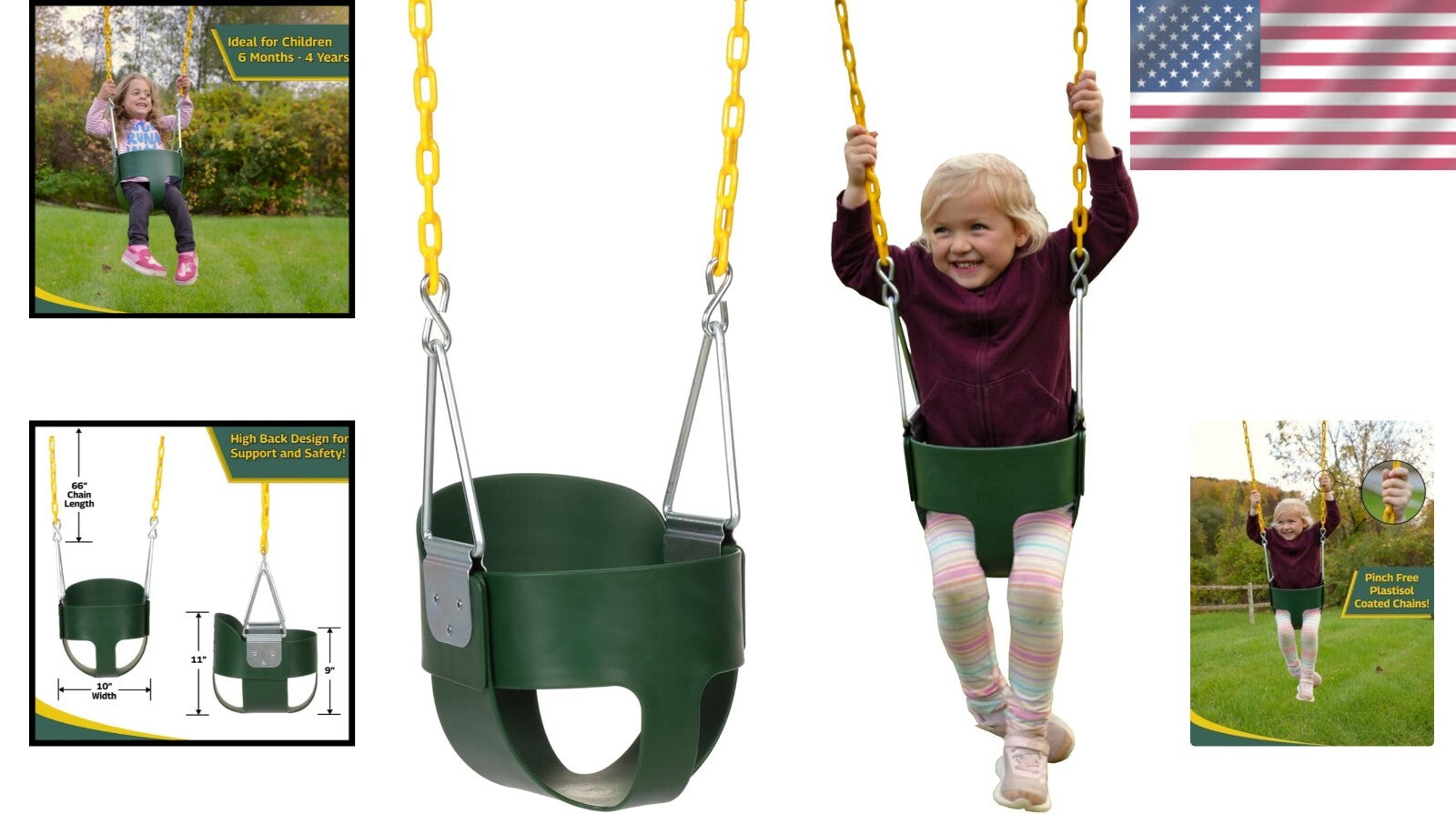 Durable Green Full Bucket Swing for Toddlers - Rust-Resistant, Fully Assembled