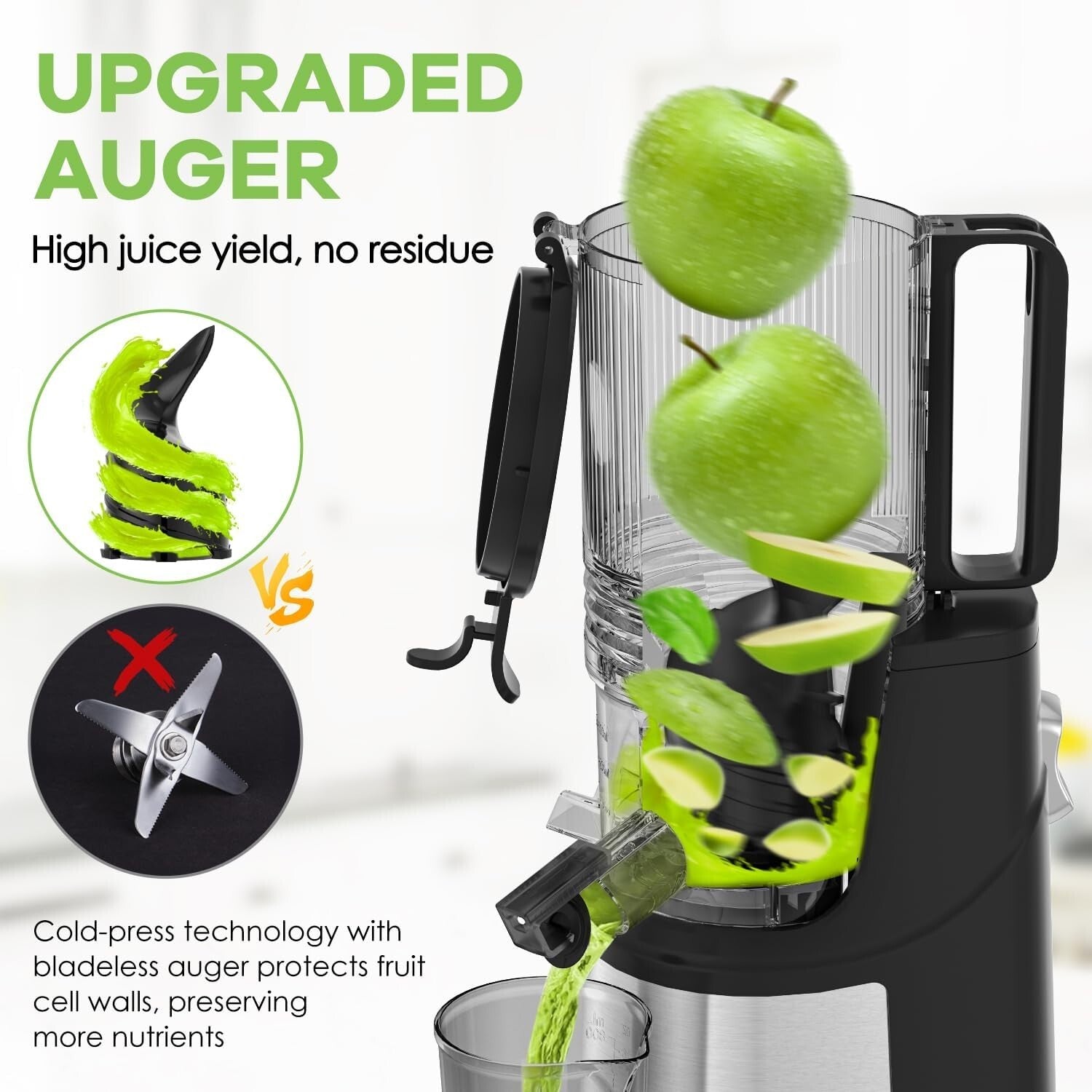 Compact Masticating Juicer - 5.8" Feeding Chute, High Juice Yield & Quiet Motor