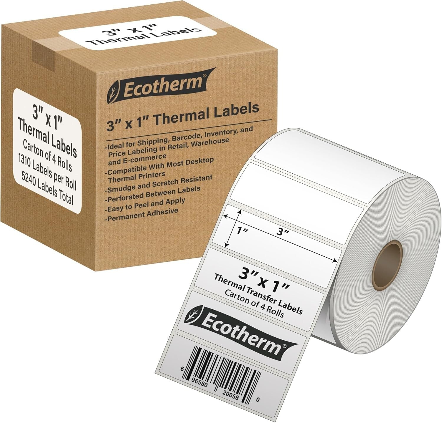 High Tack 3" x 1" Thermal Labels - 5240 Matte Adhesive for Multiple Surfaces