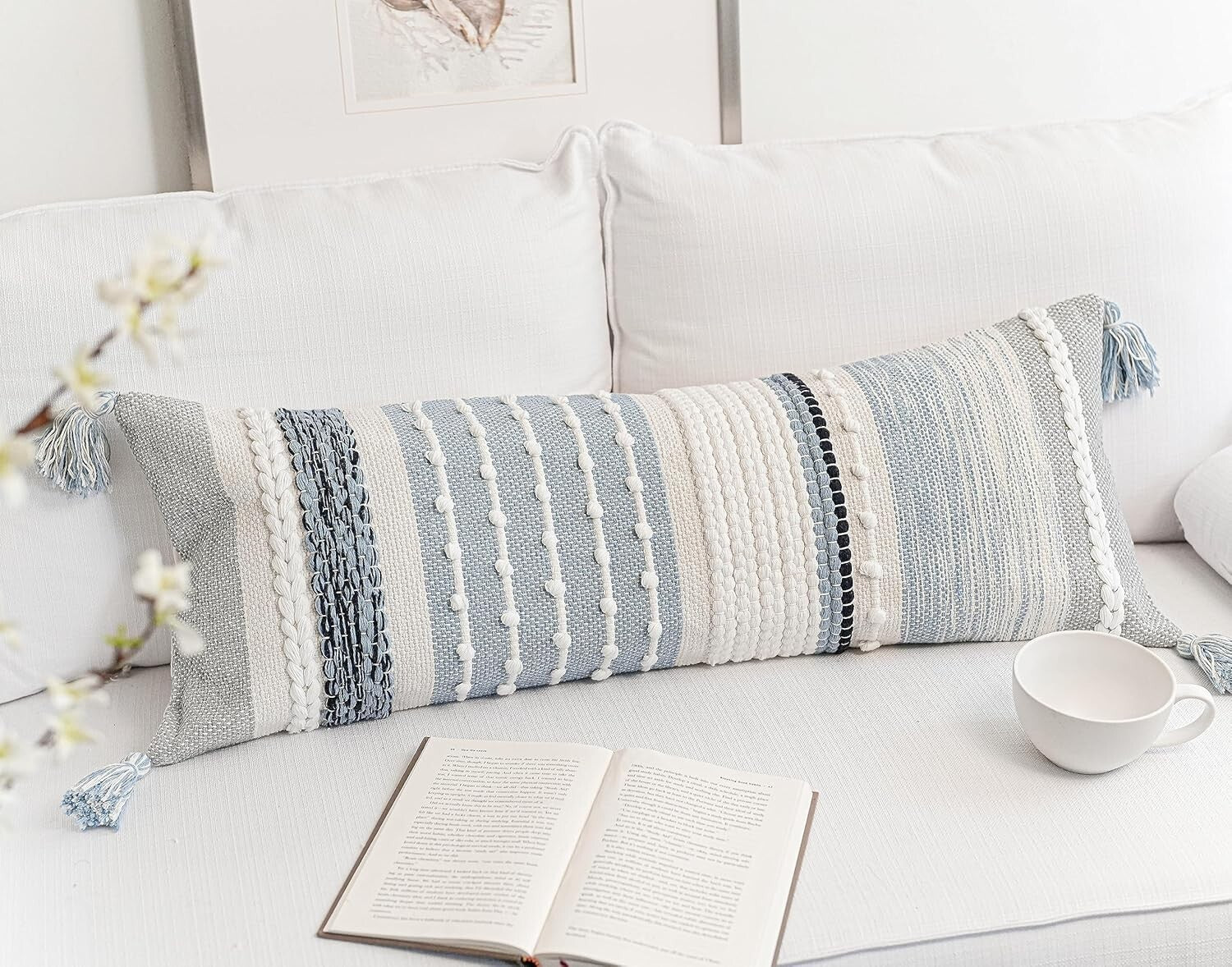 Artisan-Made 14x36 Coastal Blue Decorative Lumbar Pillow Cover for Modern Spaces