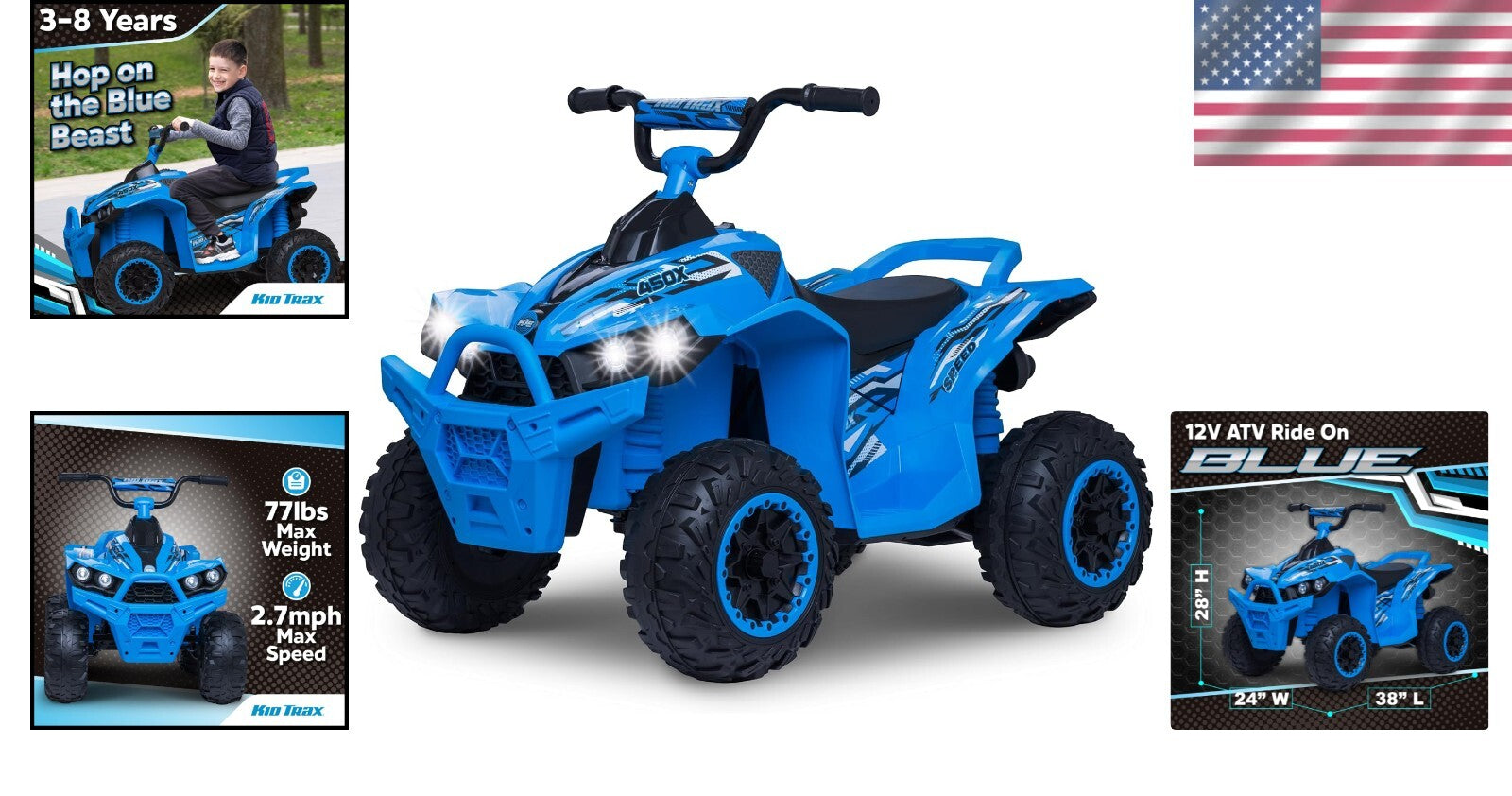 Durable 12V Electric ATV with LED Headlight: Safe Adventure for Kids 3-8