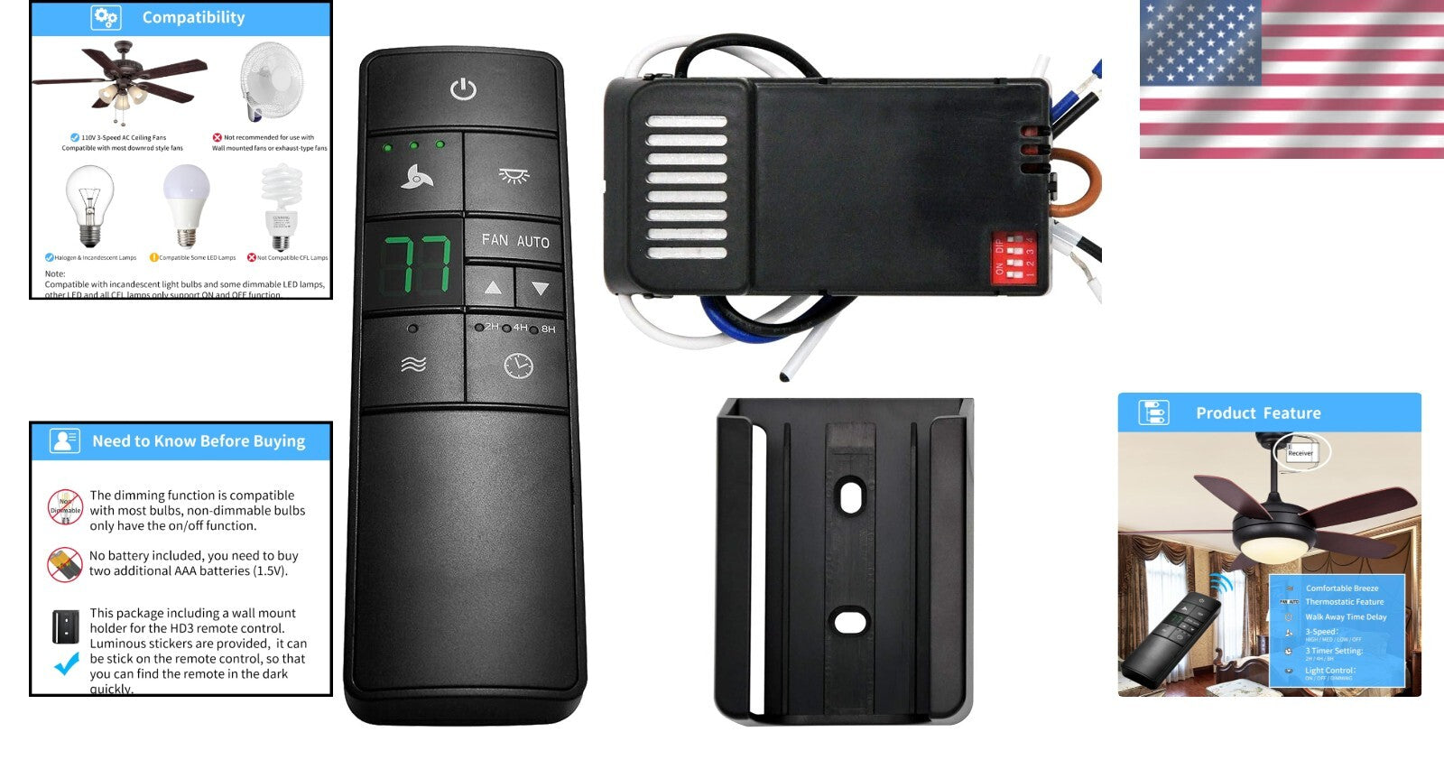 Universal 3-Speed Ceiling Fan Remote Control Kit with Thermostatic Feature