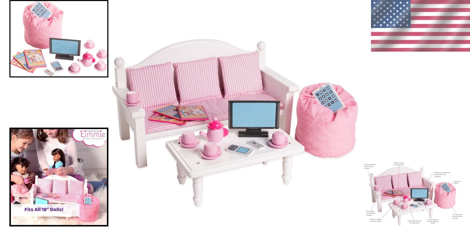 Durable Doll Furniture Set for 14-18" Dolls - Couch, Table & Play Accessories