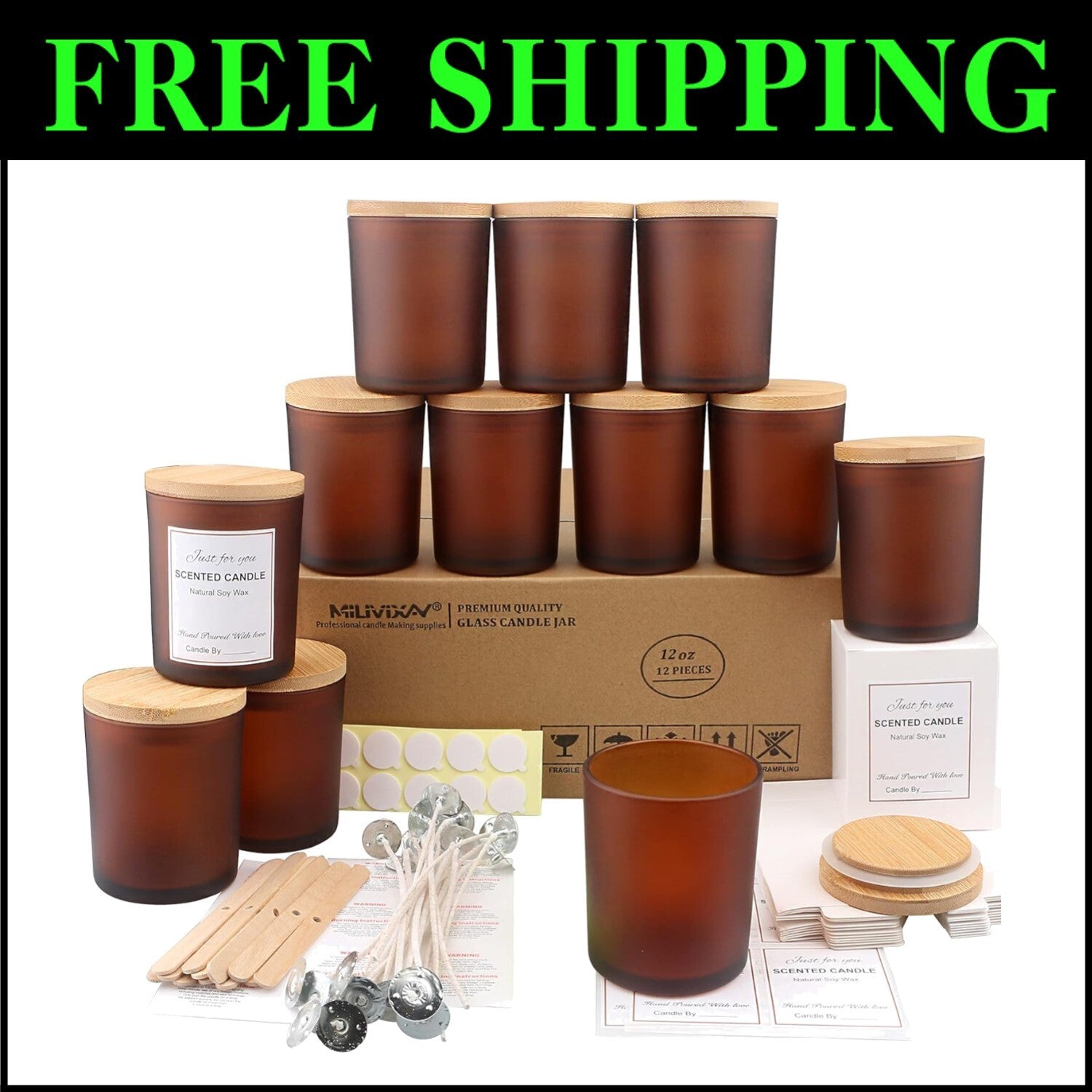 Elegant 12 OZ Frosted Amber Candle Jars with Bamboo Lids - Crafting Kit Included