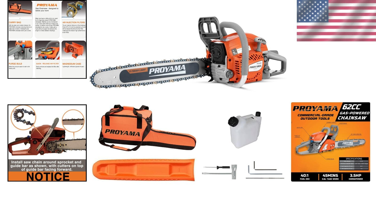 Durable 20 Inch 62CC Gas Chainsaw - Lightweight and Anti-Vibration Design