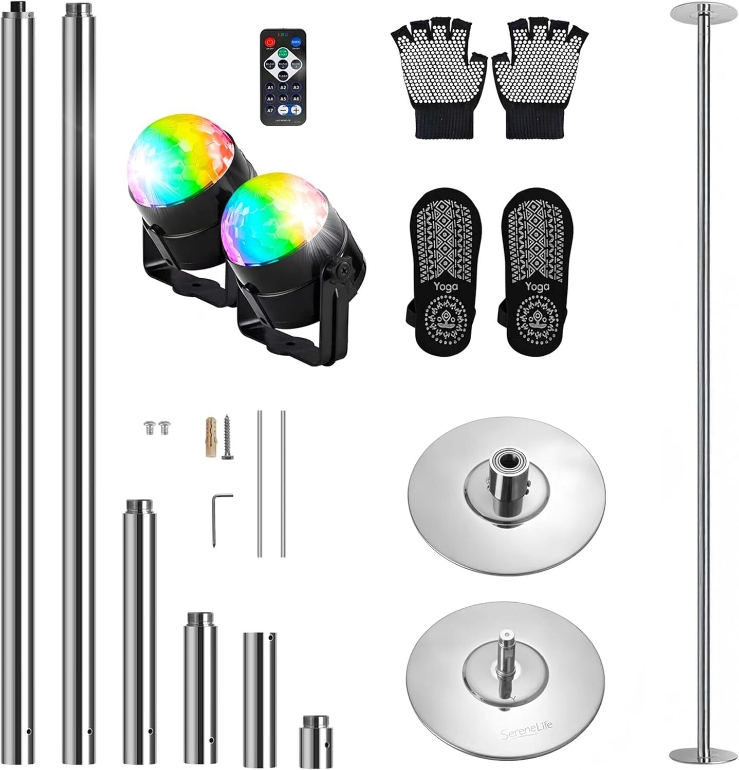 Enhanced Fitness & Dance: 45mm Chrome Pole with Adjustable Height & Party Lights