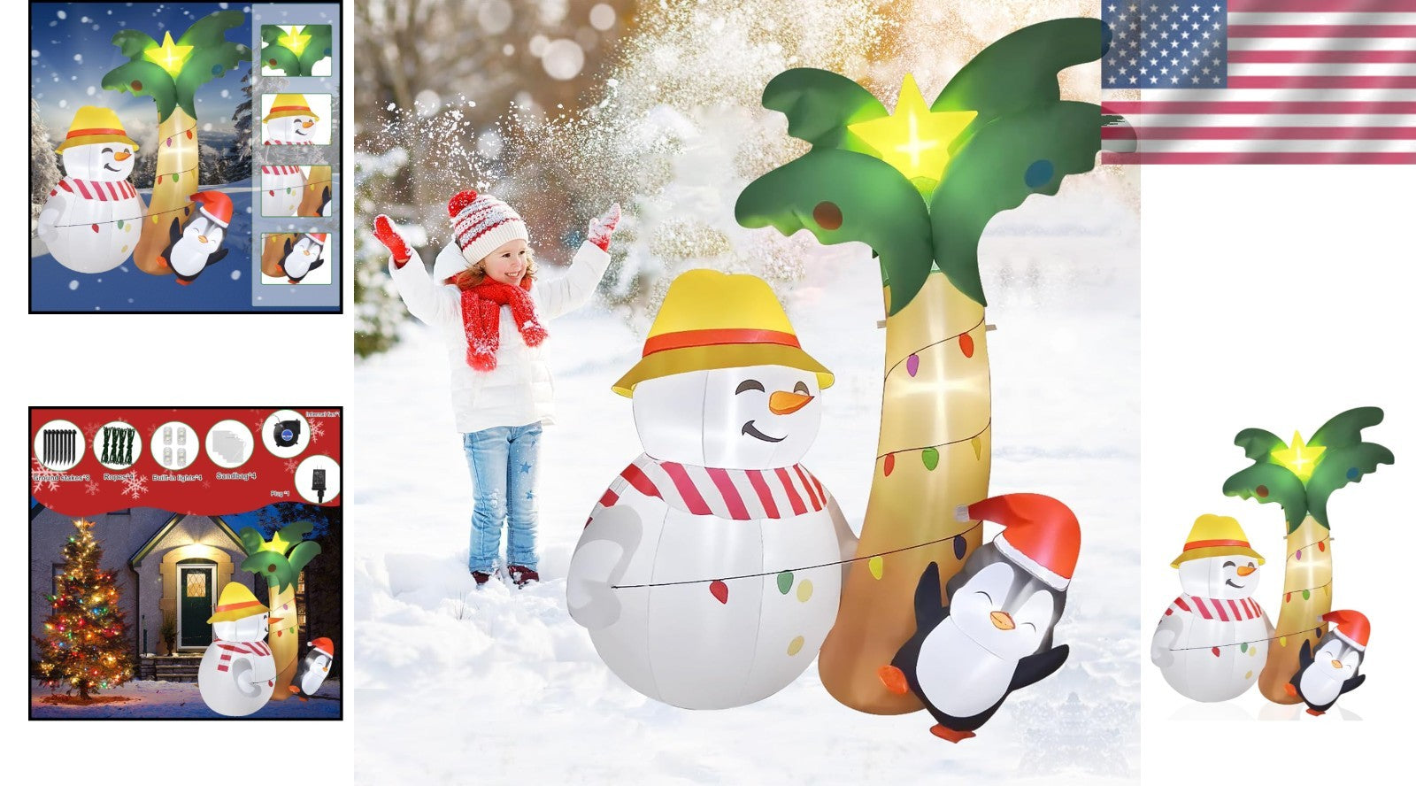 7FT Inflatable Hawaiian Palm Tree with Snowman & Penguin - Christmas Décor