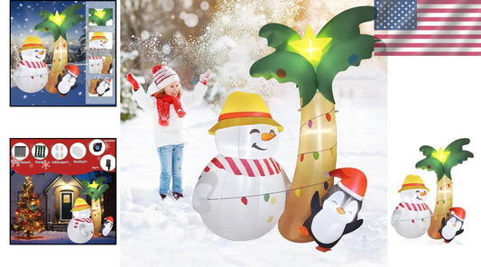 7FT Inflatable Hawaiian Palm Tree with Snowman & Penguin - Christmas Décor