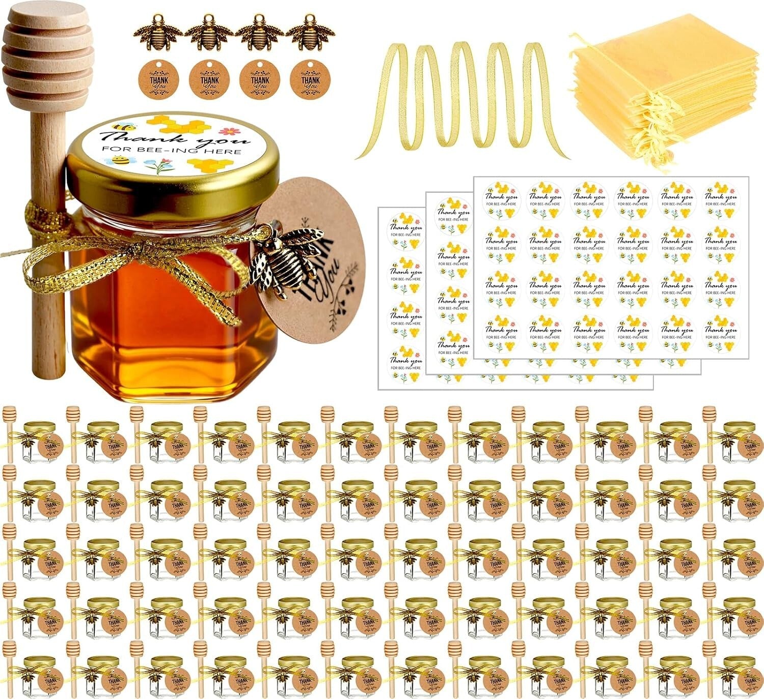 Elegant Mini Honey Jars with Dipper - Perfect Party & Wedding Favors - 60 Pack