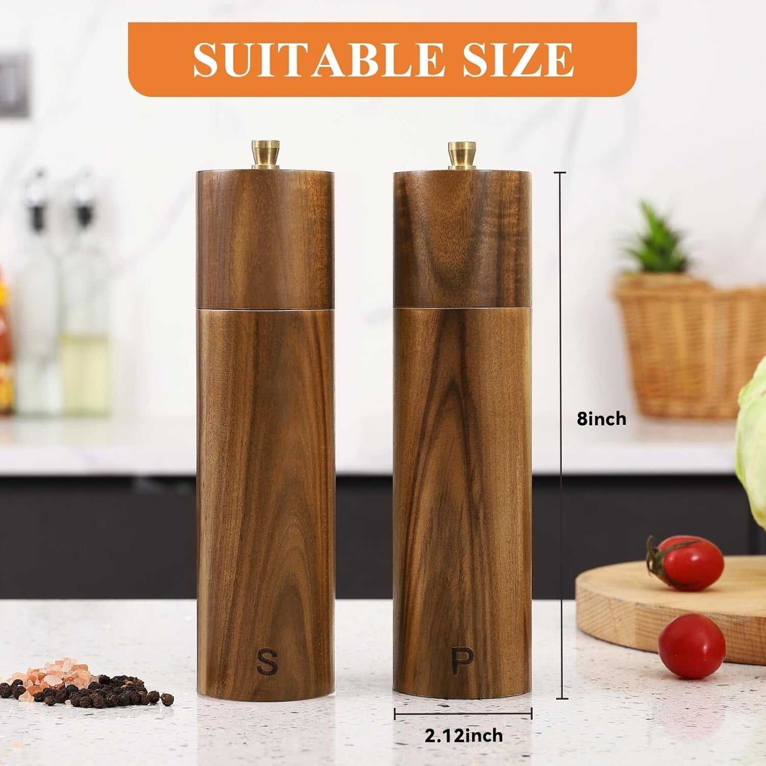 8-Inch Manual Salt and Pepper Grinders - Adjustable Coarseness & Natural Wood