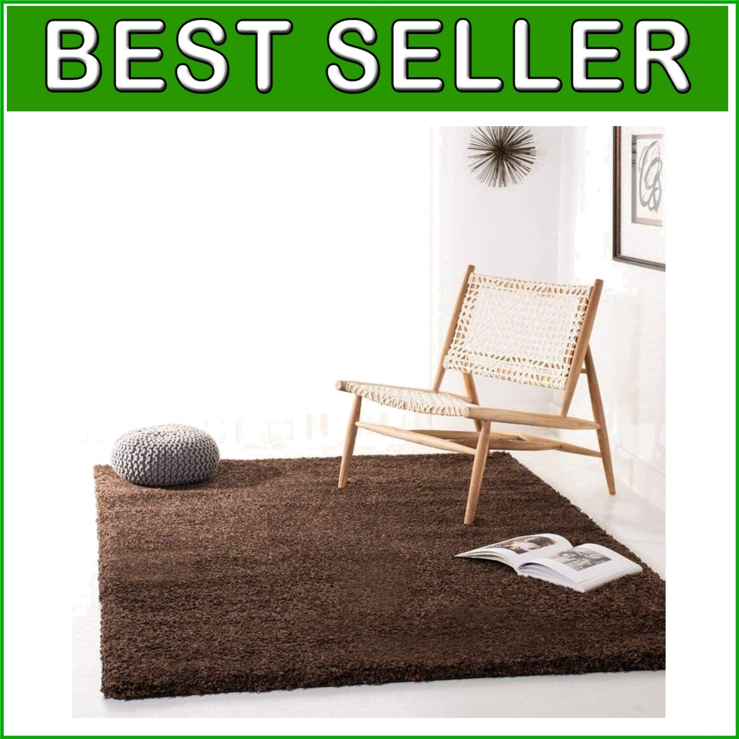 Durable Indoor Brown Shag Rug - 3' x 5' Non-Shedding for Cozy High Traffic Areas