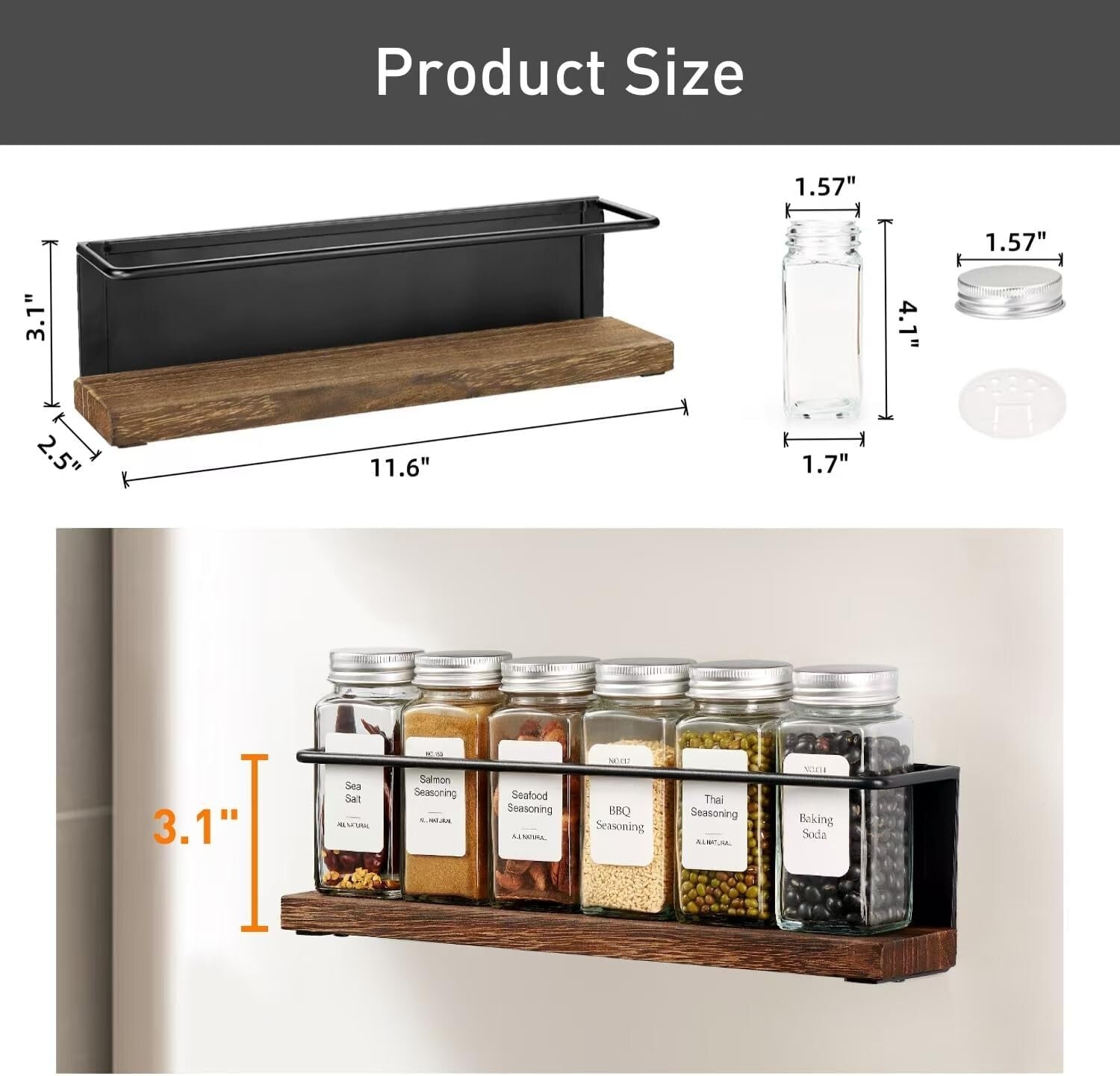 Polished Magnetic Spice Rack Set with 24 Glass Jars and Funnel - Modern Storage