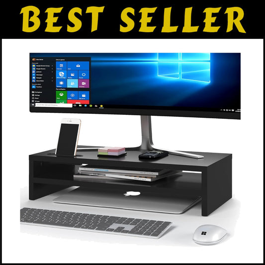 Ergonomic Black Monitor Stand Riser & 2-Tier Organizer with Cellphone Holder