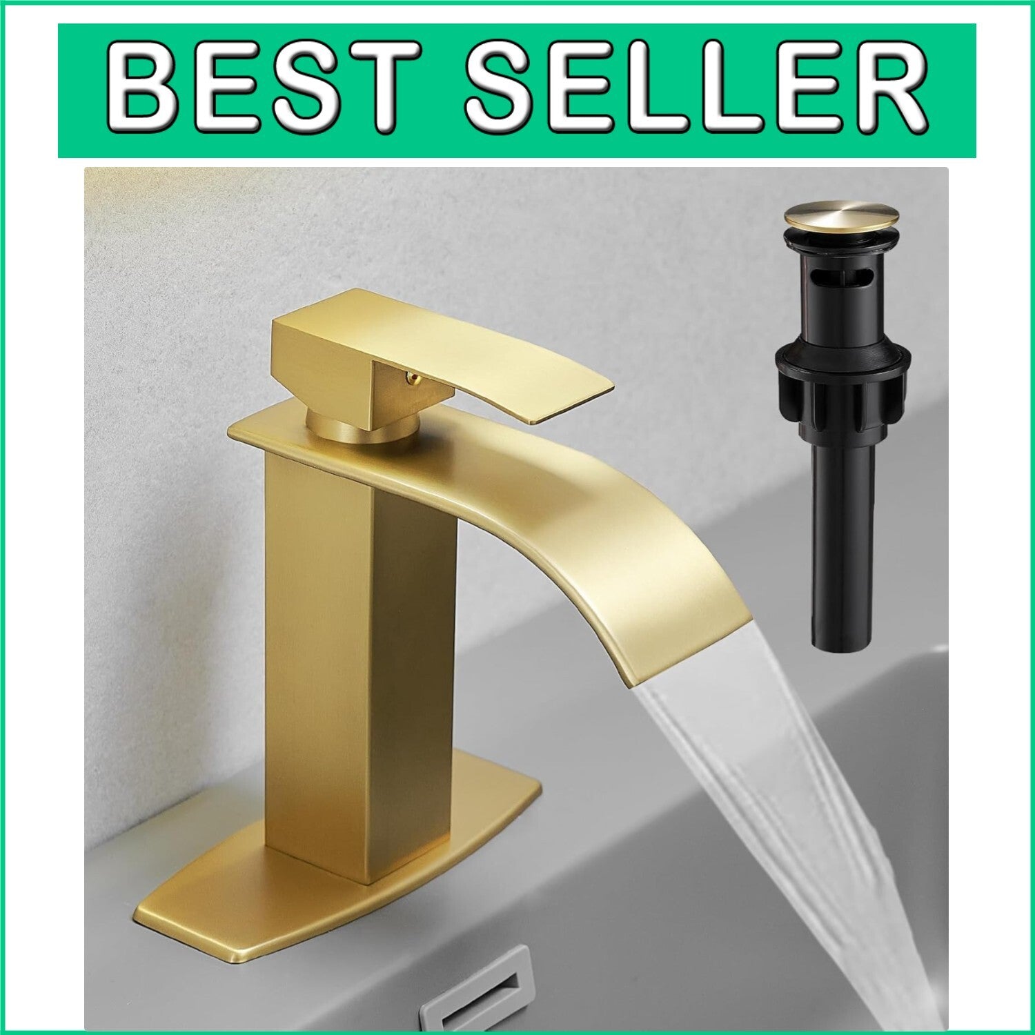 Durable Brushed Gold Waterfall Sink Faucet with Drain - Modern Design Excellence