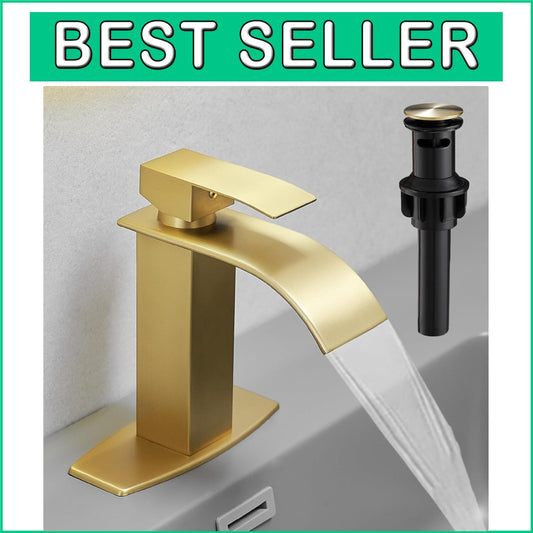 Durable Brushed Gold Waterfall Sink Faucet with Drain - Modern Design Excellence
