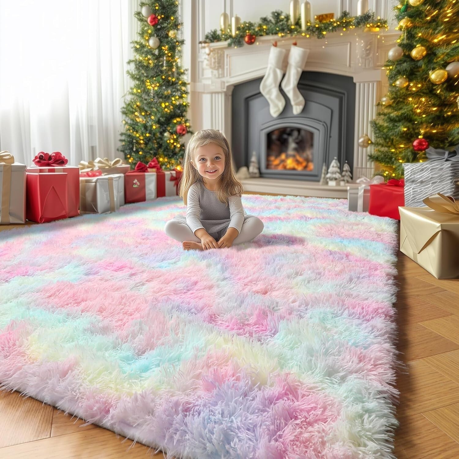 Soft Plush 5x8 Rainbow Shag Area Rug - Ideal for Girls' Playrooms & Nurseries