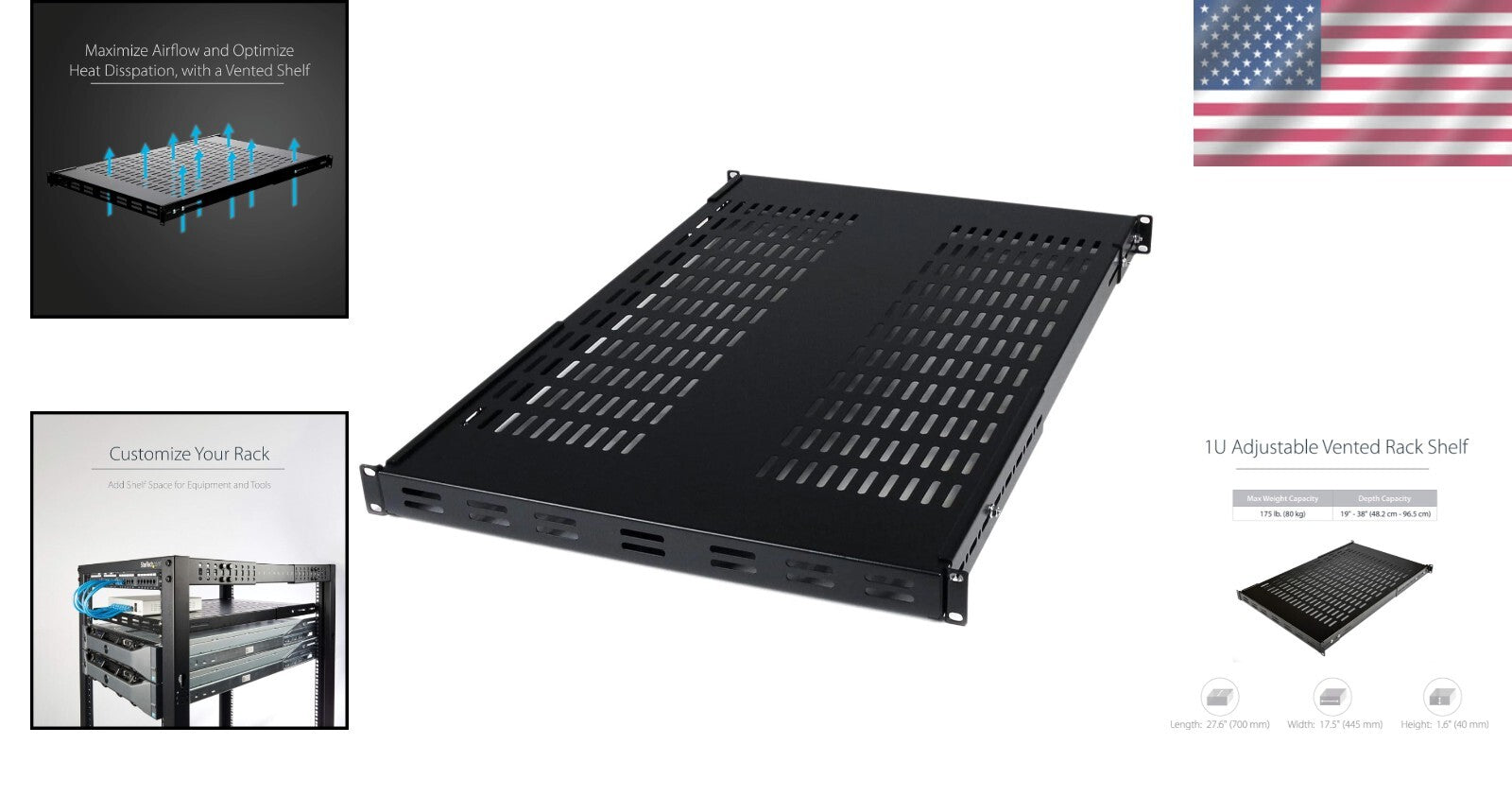 1U Vented Black Rack Shelf - Supports AV & Networking Equipment - 27.56in Depth