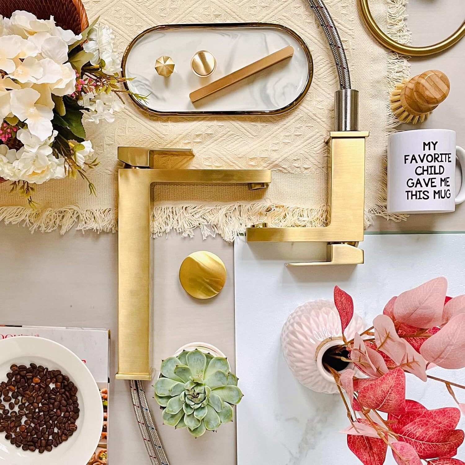 Modern Single Handle Brushed Gold Faucet - Includes Easy-Install Pop-Up Drain