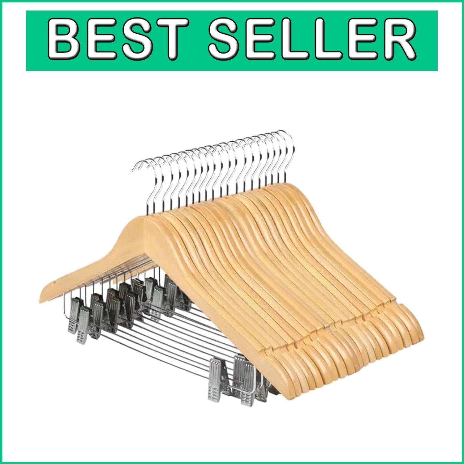 Natural Wooden Hangers with Clips - Non-Slip, 20 Pack for Heavy Clothes
