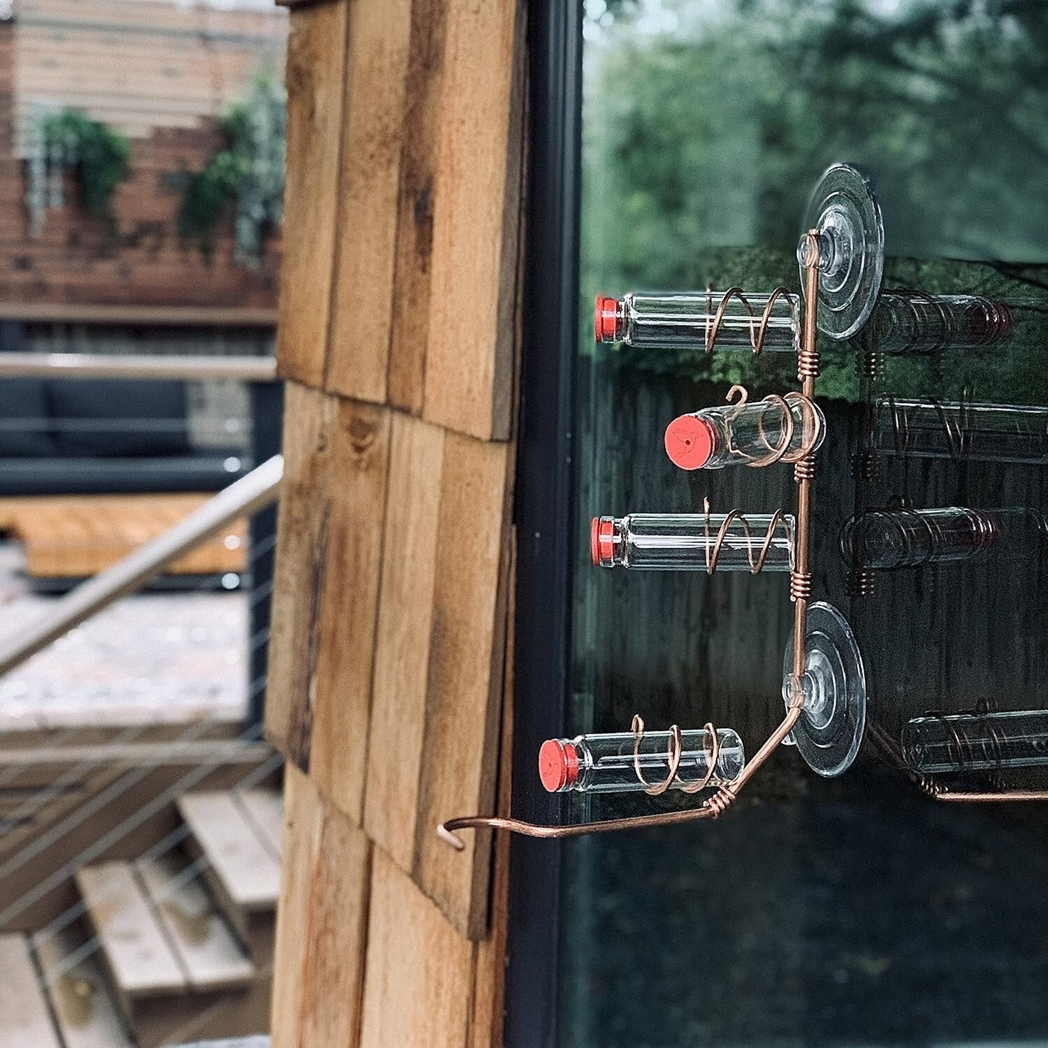 Handcrafted Copper Window Hummingbird Feeder with 4 Stations & Easy-Fill Bottles