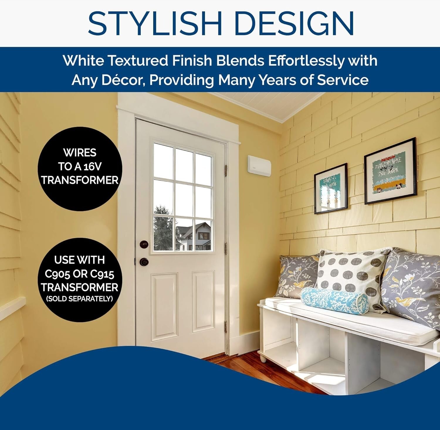 Classic White Textured Wired Doorbell with Unique Chime Tones for Two Doors