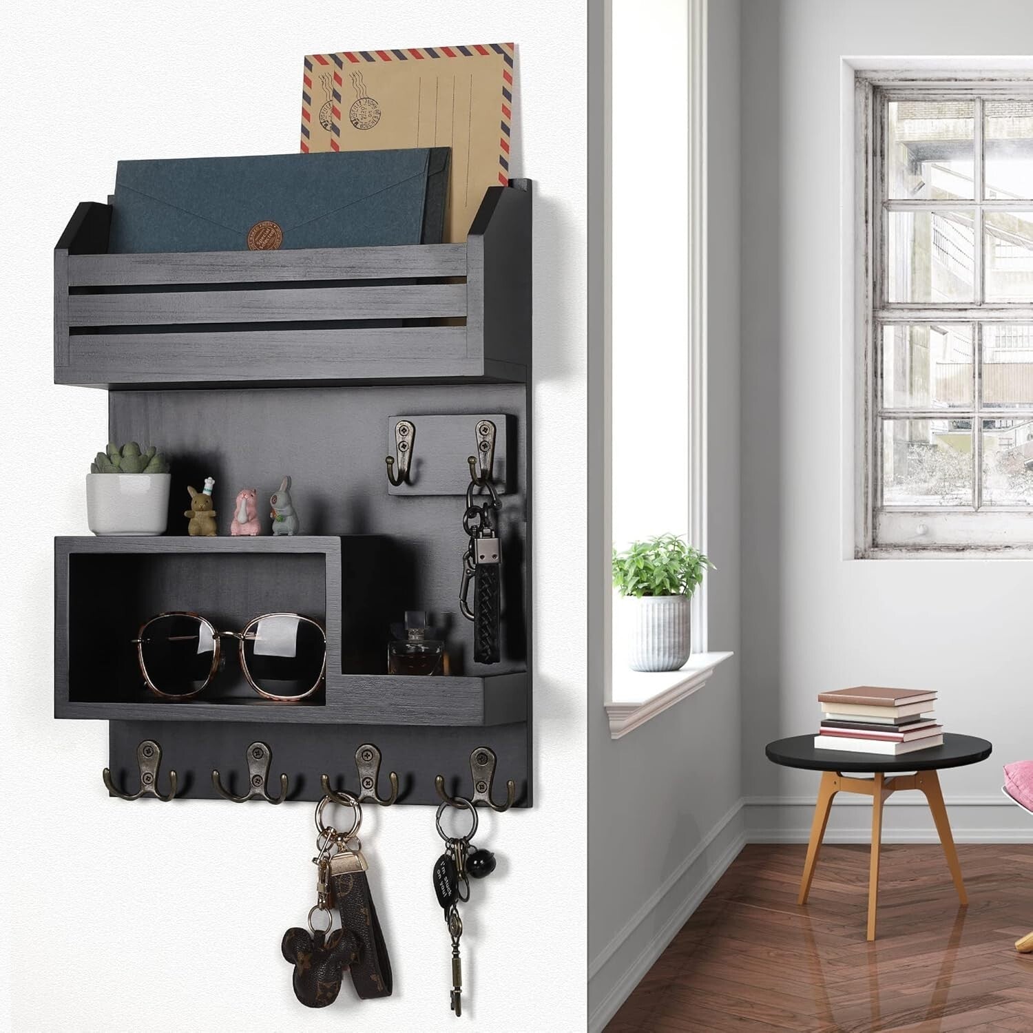 Versatile Wall-Mounted Key and Mail Organizer with Double Hooks - Rustic Charm