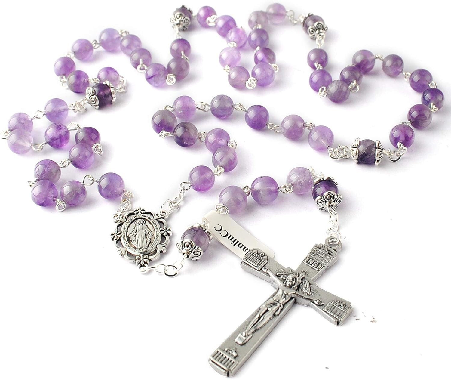 Luxury Amethyst Crystal Rosary Necklace with Detailed Engravings & Faux-Silver