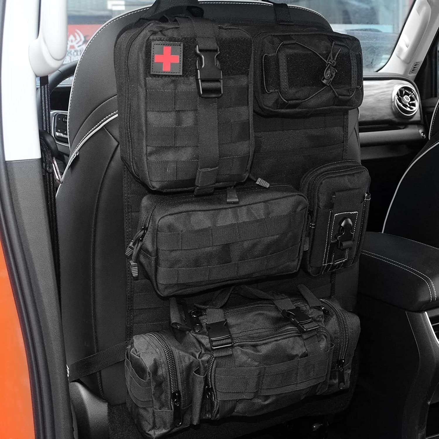 Adjustable Tactical Car Storage Organizer with 5 Molle Bags - Easy Install