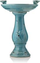 Load image into Gallery viewer, Antique Turquoise Ceramic Birdbath with Pedestal &amp; 2 Bird Figurines - 25" Tall