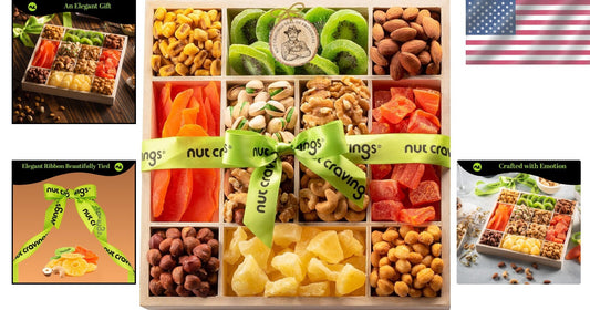 Deluxe Nut & Dried Fruit Care Package - 12 Assortments in Reusable Wooden Tray