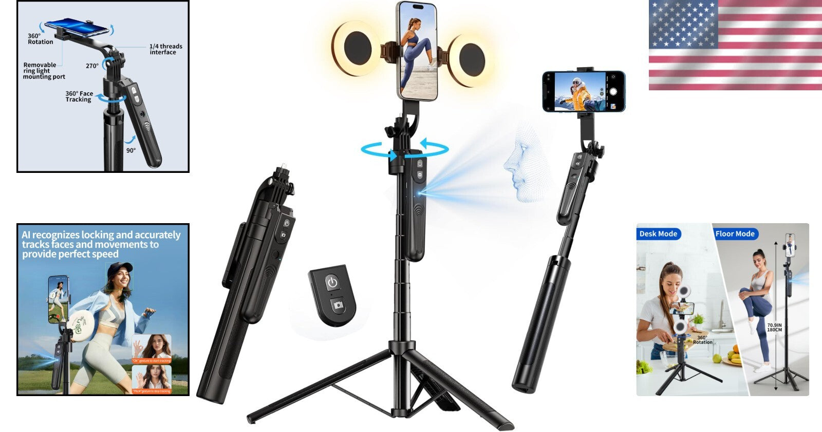 Portable Face Tracking Tripod 360° Rotation with Lights - Perfect for Vlogging
