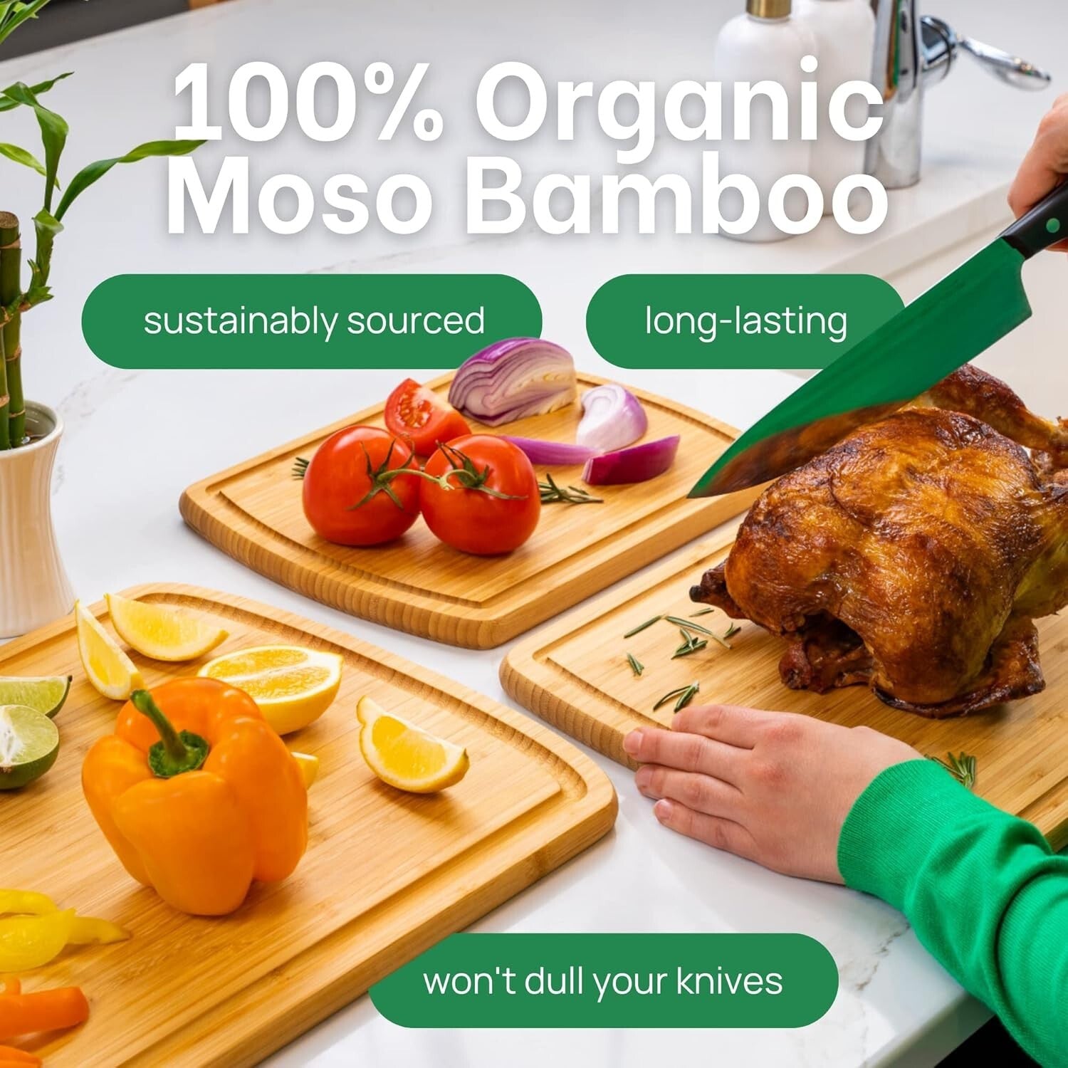 Premium Bamboo Cutting Board Set - 62% More Cutting Area & Lifetime Replacements