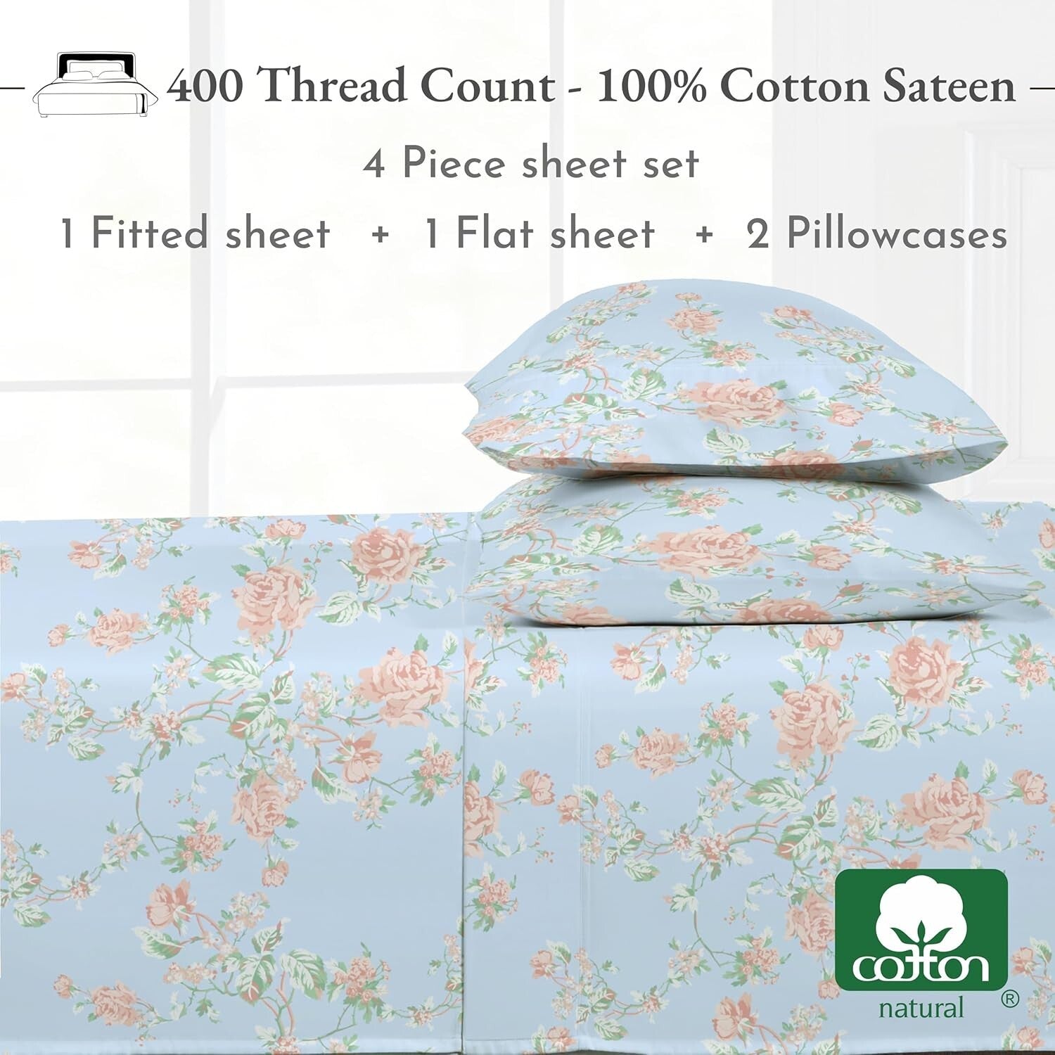 4-Piece Floral Pattern King Sheets Set - 400 Thread Count, Premium Sateen Fabric