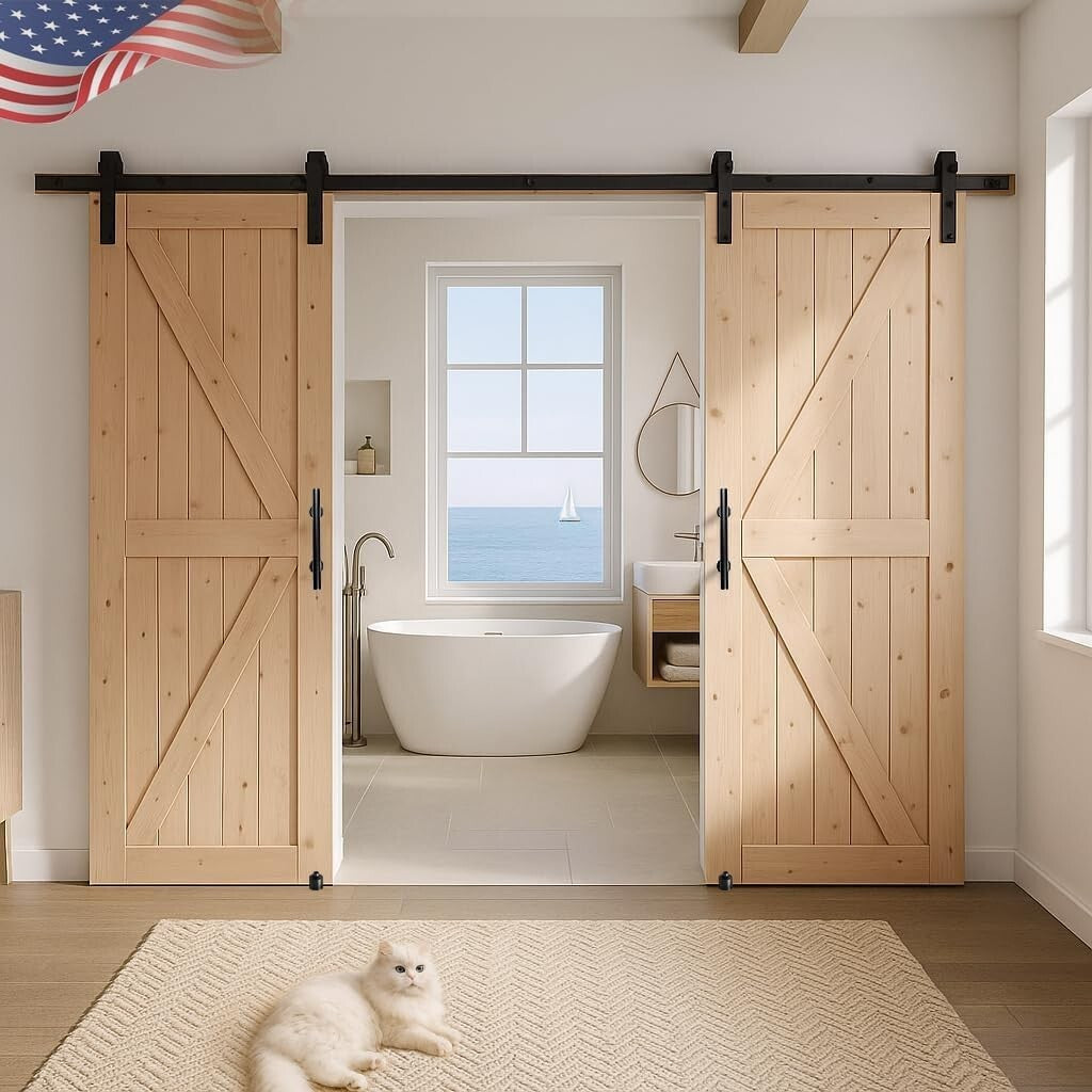 36x84 Unfinished Knotty Pine Barn Door with Sliding Hardware Kit for Elegance