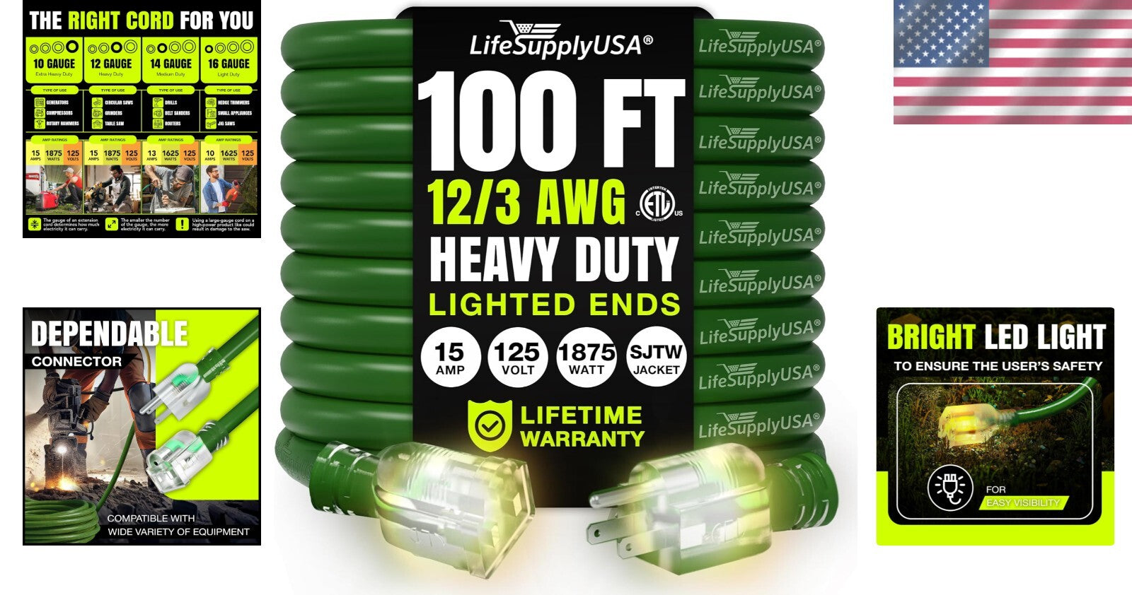 100ft Long Power Cord - Heavy Duty 12/3 Gauge, Flexible & Waterproof Outdoor Use