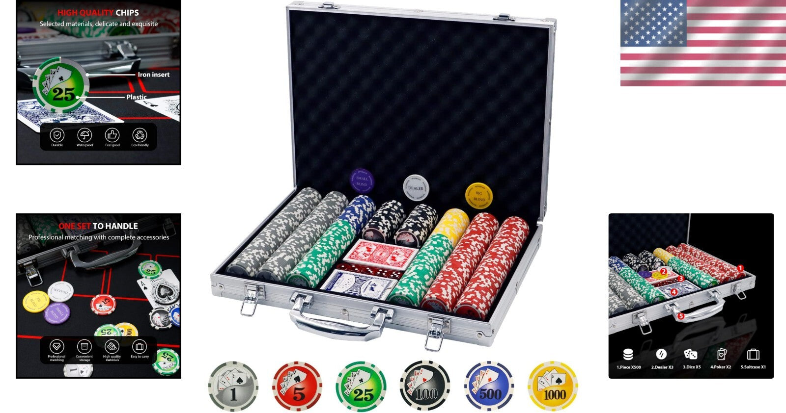 Complete 500 Chip Poker Set with Buttons, Dice & Travel Case - Party Essentials