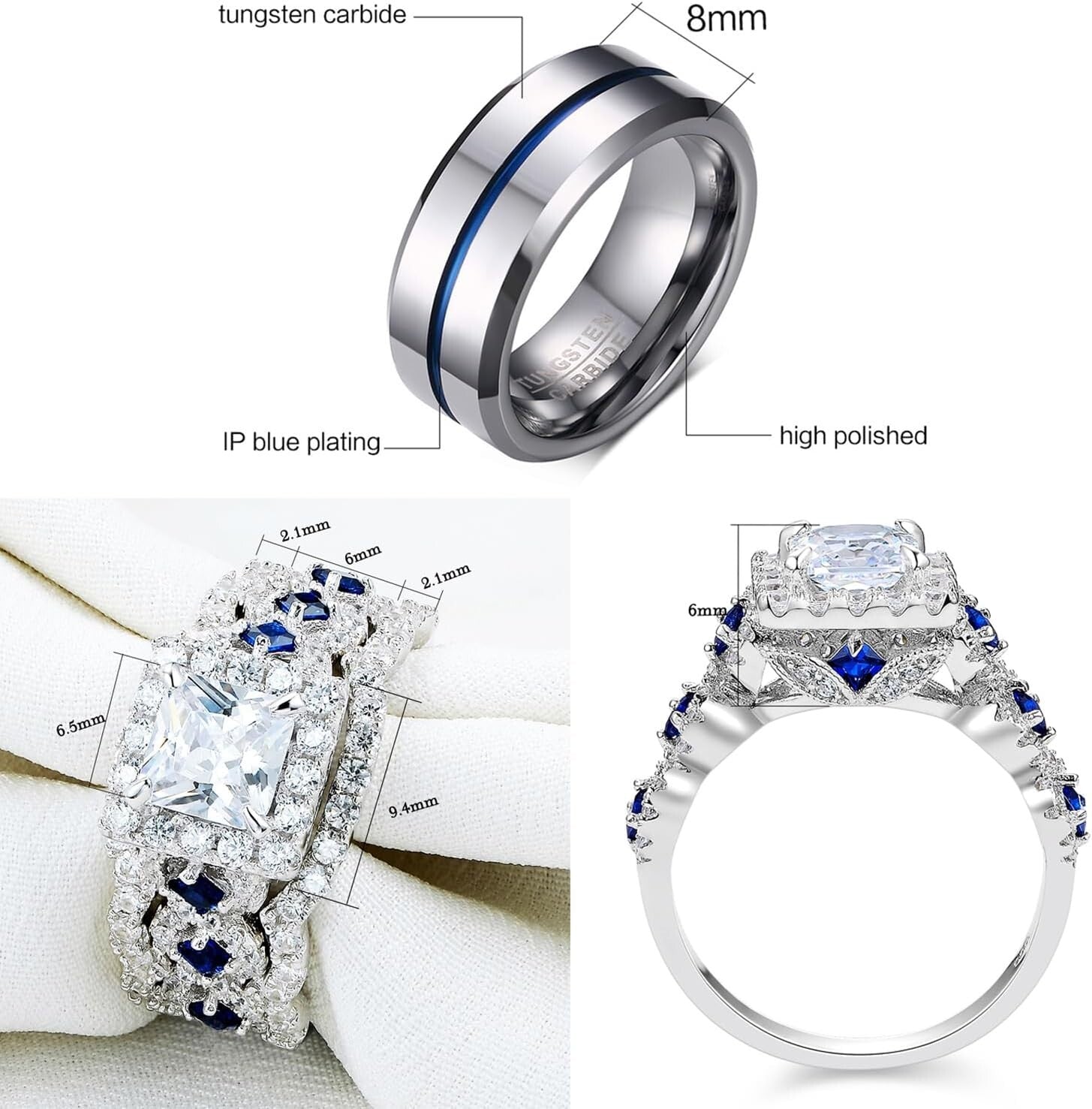 Elegant Wedding Rings Set for Couples - 925 Sterling Silver & Tungsten Bands