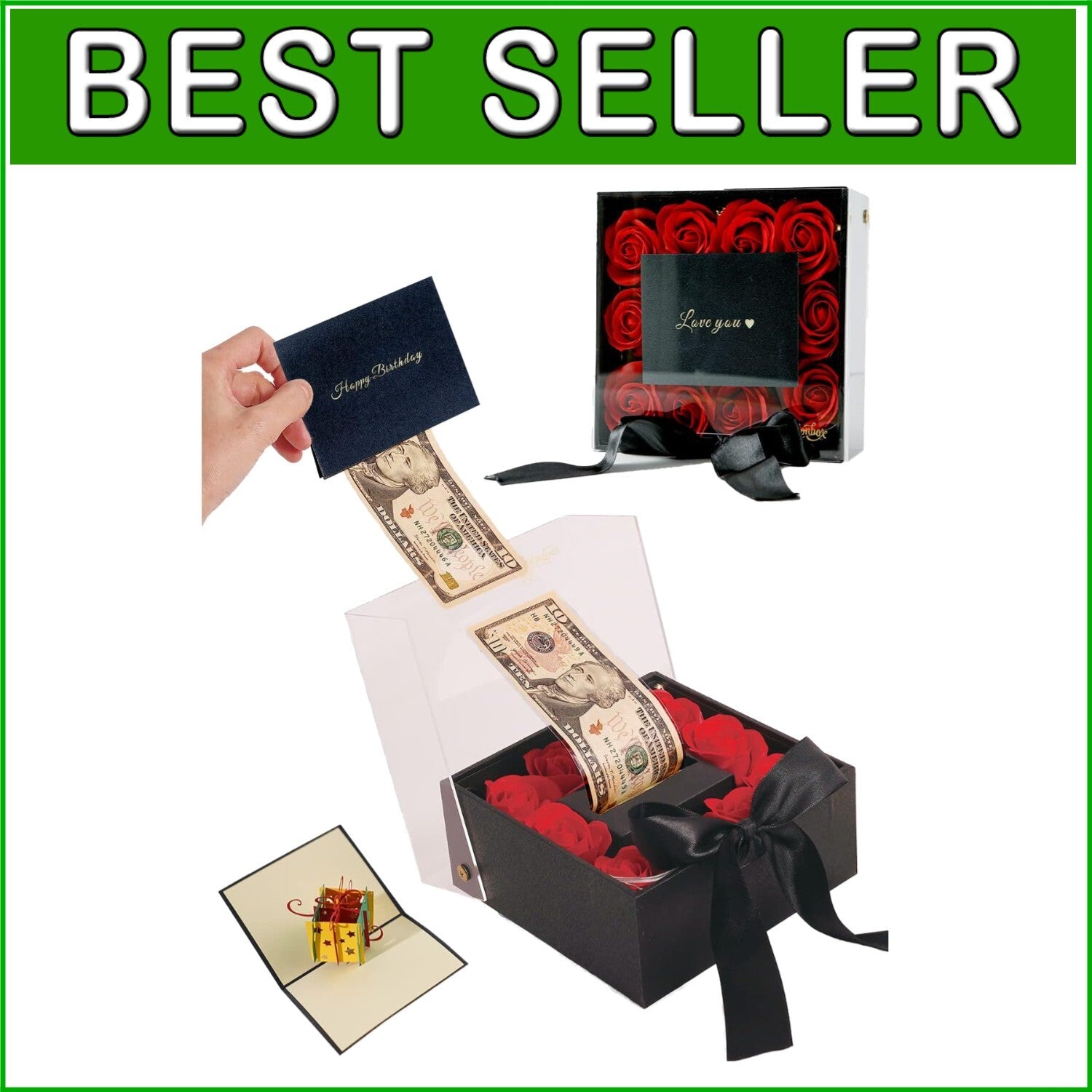 Durable Money Pull-out Surprise Box with Red Roses - Perfect for Any Occasion