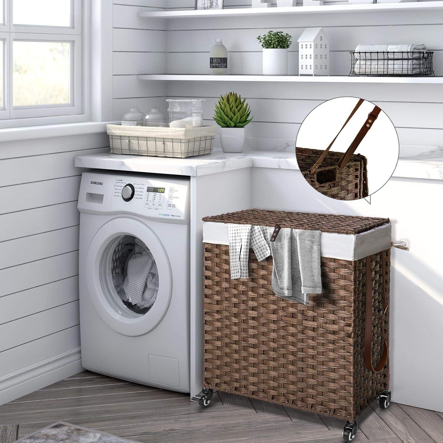 90L Handwoven Laundry Hamper with Wheels - Stylish Dual Compartment Design