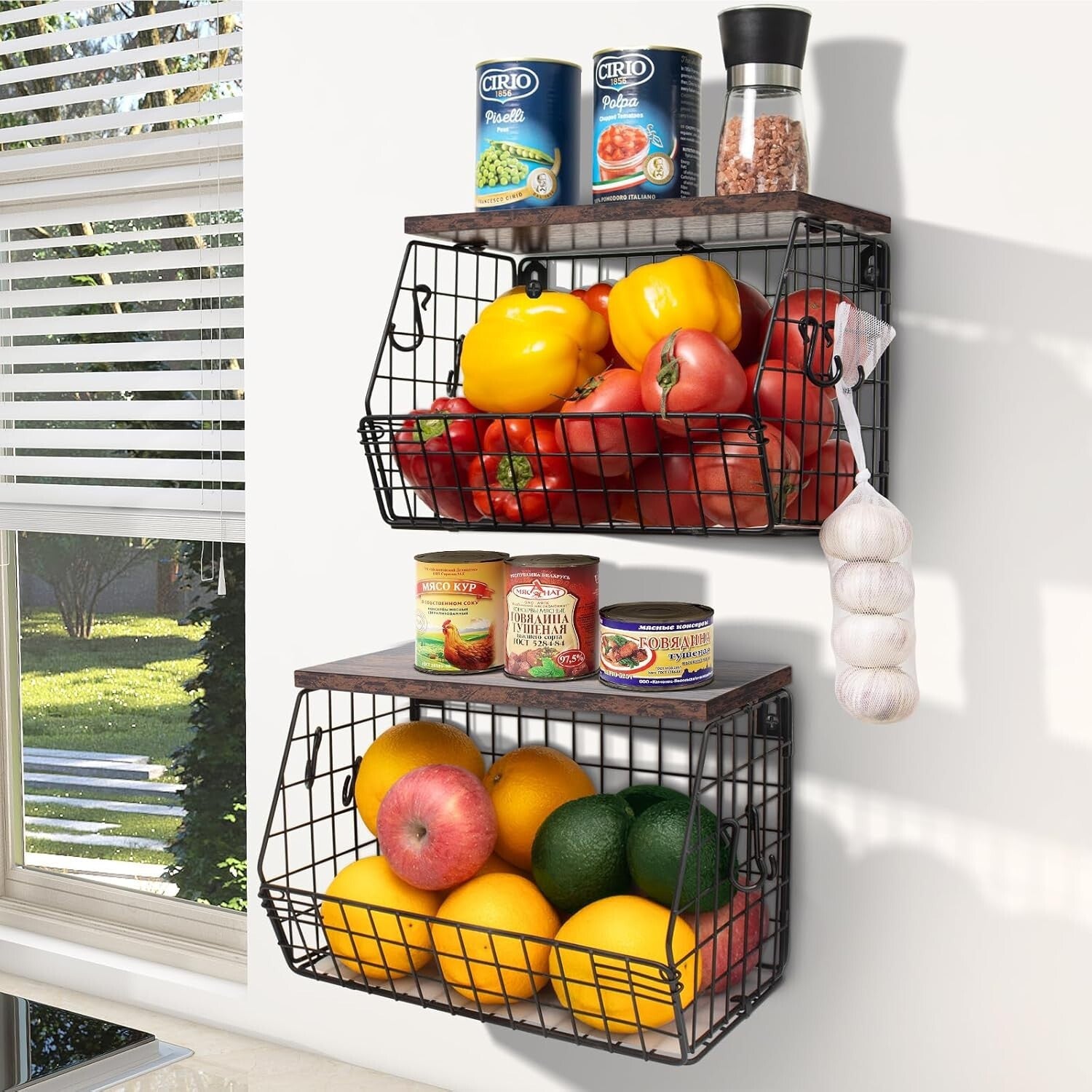Elegant Kitchen Organizer: Metal Fruit Basket with Wooden Lid & Banana Hangers