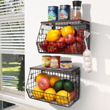 Load image into Gallery viewer, Elegant Kitchen Organizer: Metal Fruit Basket with Wooden Lid &amp; Banana Hangers