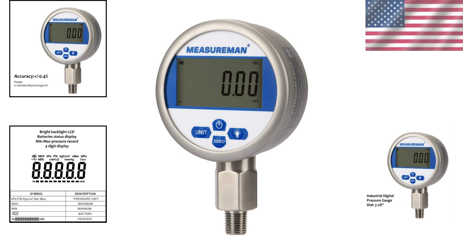 Battery-Powered 3-1/8" Digital Pressure Gauge: 0-5000 psi with LED Backlight