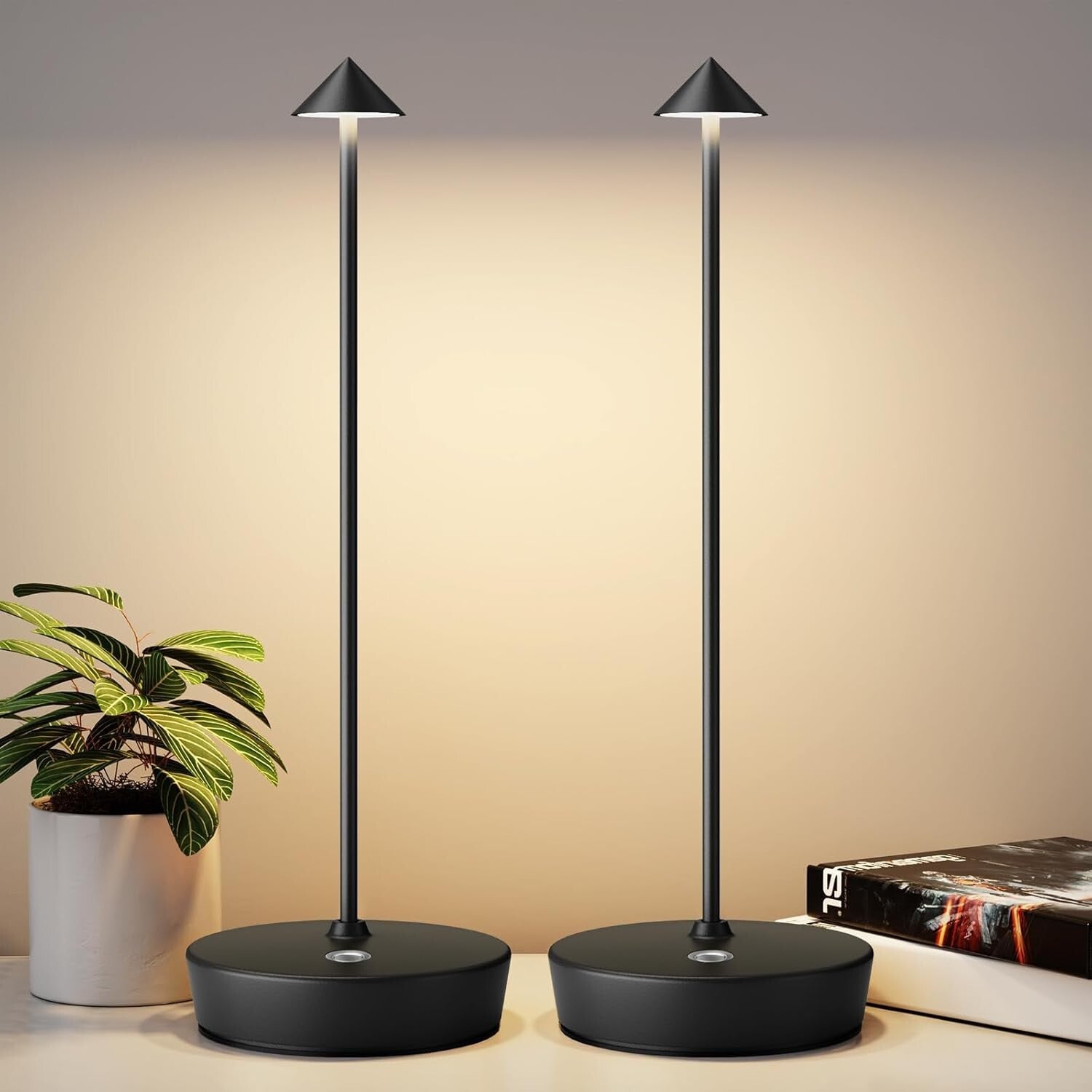 2-Pack Cordless Rechargeable LED Table Lamp with Adjustable Brightness - Black