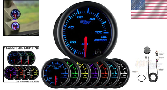 Illuminated 100 PSI Oil Pressure Gauge with 7 Color Options - Easy Installation